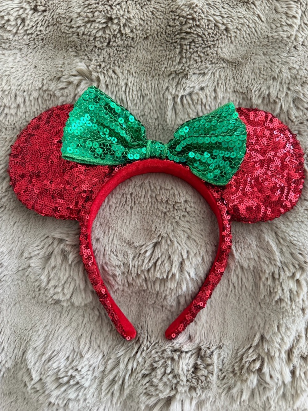 Disney Red Sequin Minnie Ears Headband with Green Sequin Bow